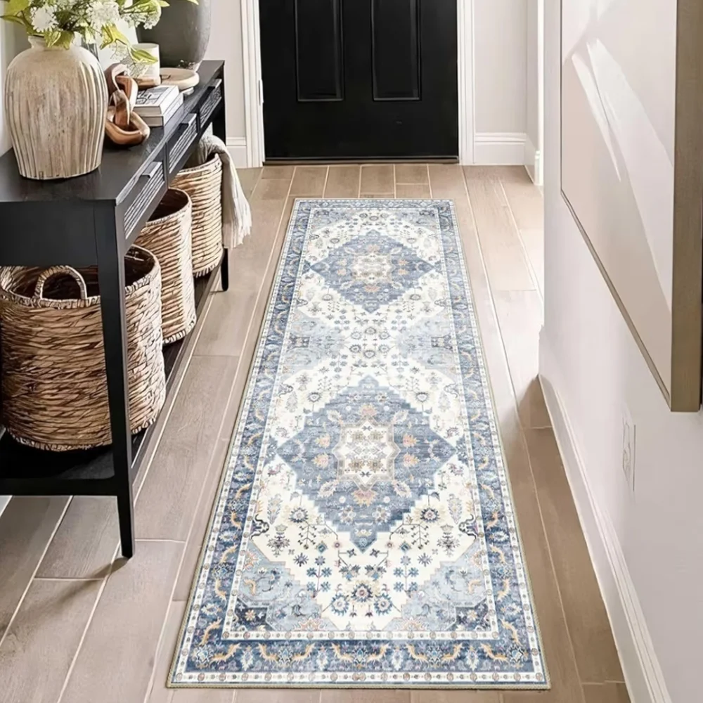 NWT 2'x6' Boho Rug Runner Non-Slip Machine Washable In Blue/Cream/Beige/Gray